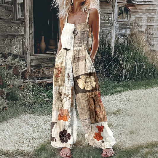 Women's Floral Patchwork Linen Print Linen Jumpsuit artswardrobe