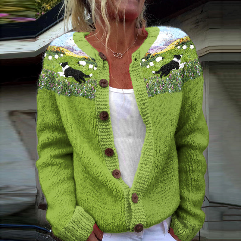 Comstylish Vintage Shepherd Dog Art Casual Knitted Cardigan