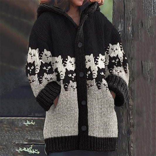 Comstylish Vintage Cats Colorblock Knit Cozy Hooded Cardigan
