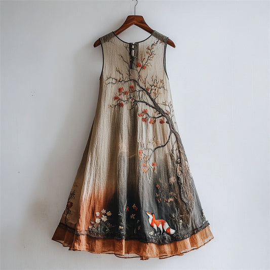Comstylish Classy Fox Floral Tree Embroidered Gradient Flowy Linen Dress