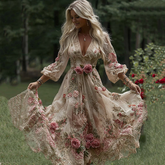 Comstylish Women's Vintage Rose Floral Embroidery Art Casual V Neck Maxi Dress