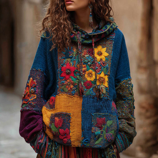 Comstylish Bohemian Style Ethnic-inspired Multi-colored Floral Embroidery Patchwork Vintage-style Distressed Hooded Long-sleeved Sweater