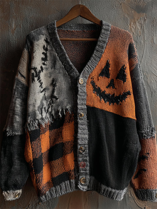 Halloween Pumpkin Face Plaid Patchwork Cozy Knit Cardigan elevenforest