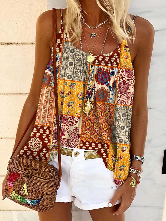 Women's Retro Ethnic Floral Patchwork Pattern Print Tank Top