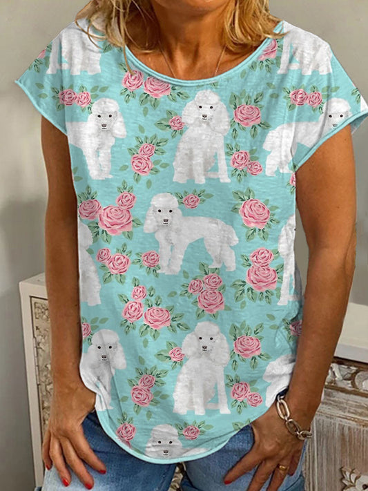 Comstylish Poodle Dog & Flower Print Casual Cotton T-Shirt