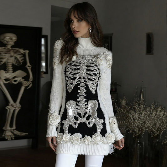 Comstylish Women's Vintage Skeleton & Rose Art Cozy High Neck Sweater