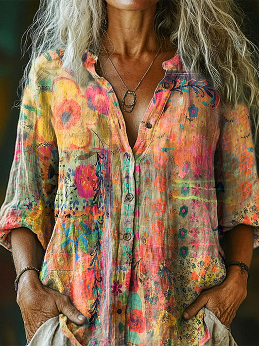 Women's Vintage Watercolor Flower Collage Art Print Casual Cotton And