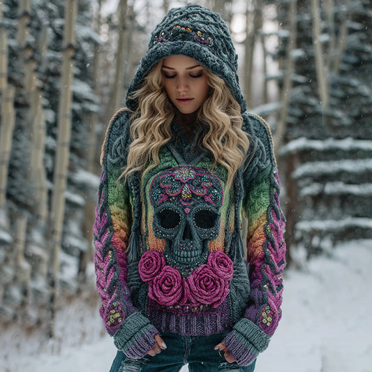 Women's Viking Tribal Jacquard Celtic With Rose And Skull Inspired Chunky Knit Hooded Sweater elevenforest