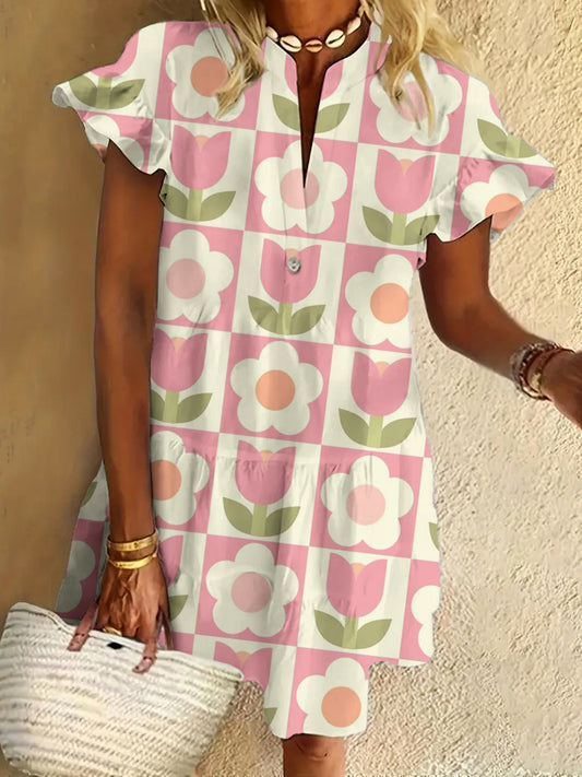 Vintage Floral Print Ruffled Short-sleeved V-neck Buttoned Dress Vacation Beach Dress