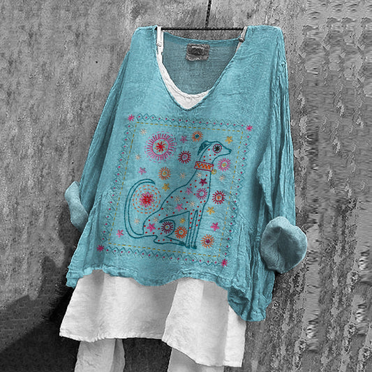 Comstylish Women's Floral And Puppy Embroidered Cotton And Linen Shirt