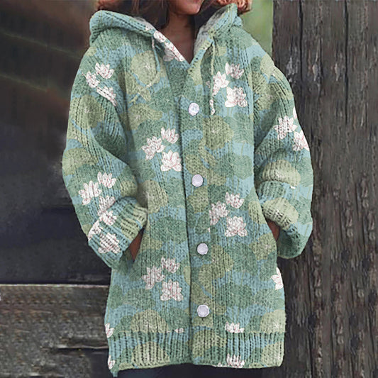 Comstylish Water Lily Art Pattern Print Women's Cardigan Sweater