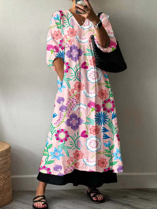 Women's Artistic Holiday Floral Pattern Cotton Dress