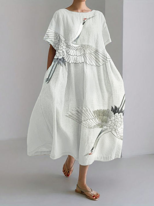 Comstylish Flying Cranes Japanese Embroidered Linen Blend Maxi Dress