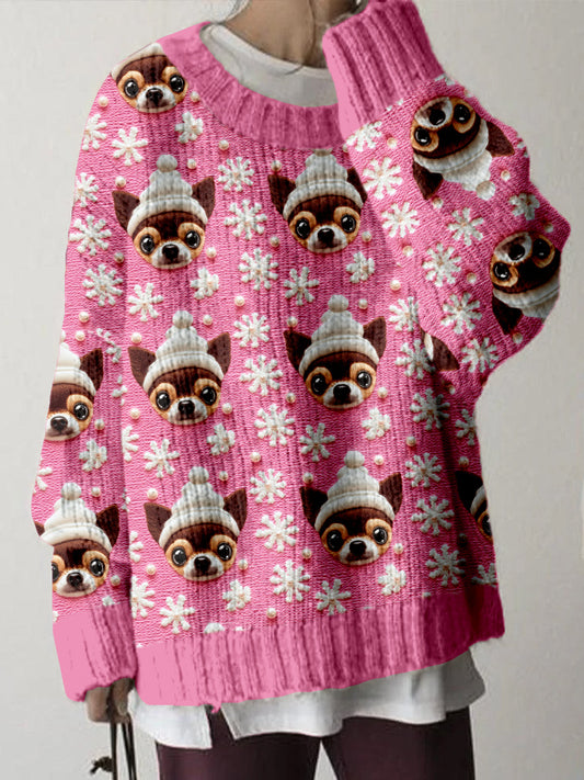 Comstylish Cute Christmas Chihuahua Embroidered Cozy Sweater