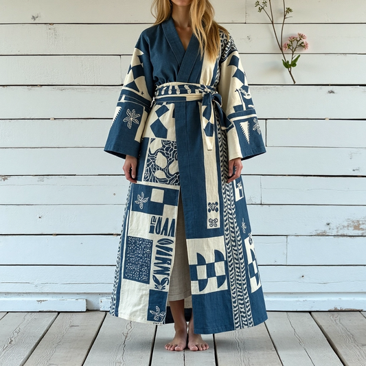 Women's Vintage Japanese Traditional Sashiko Art  Linen V-neck Robe artswardrobe