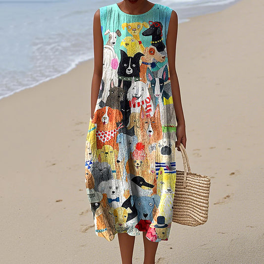 Comstylish Women's Dog Art Print Tank Midi Dress