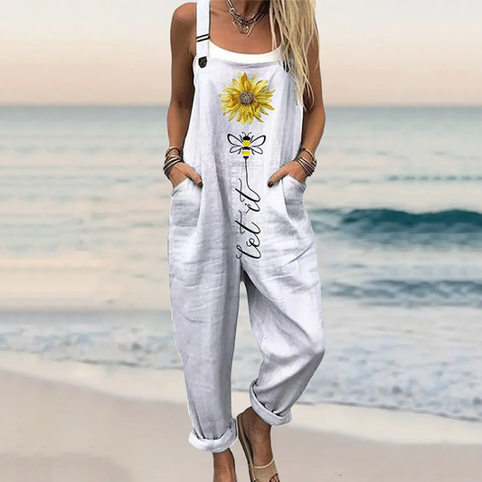 Women's Sunflower Let It Be Art Bees Print Casual Jumpsuit artswardrobe