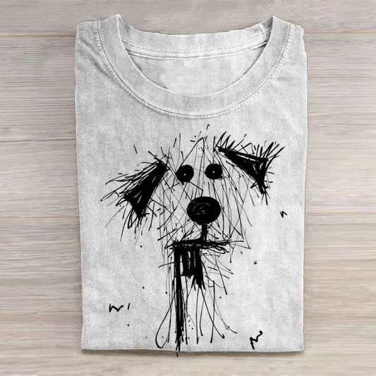 Comstylish Cute Puppy Sketch Print Casual T-Shirt