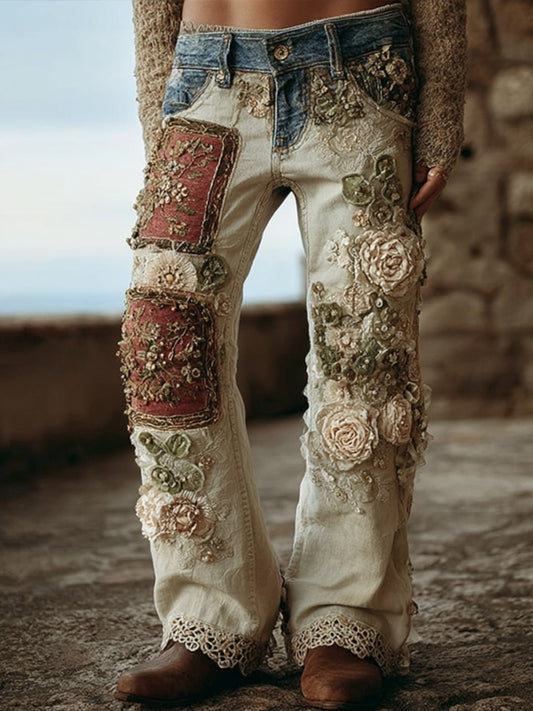 Comstylish Bohemian Style Patchwork Floral Lace Vintage Jeans