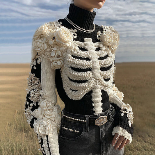 Comstylish Women's Vintage Skeleton Floral Art Color Block Cozy Sweater