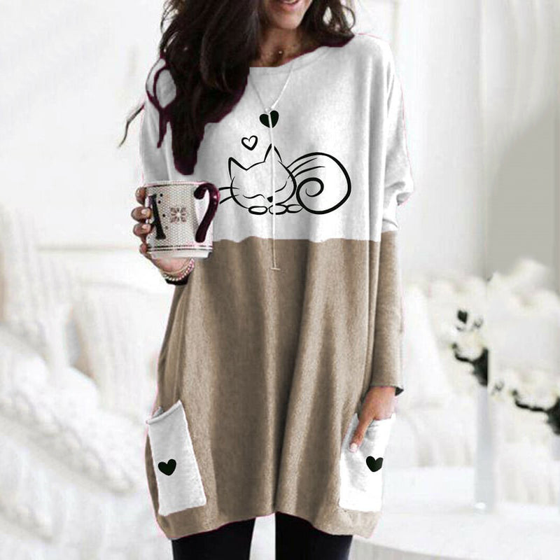 Cute Cat Print Long Sleeved Tunic elevenforest