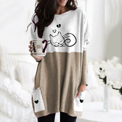 Comstylish Cute Cat Print Long Sleeved Tunic