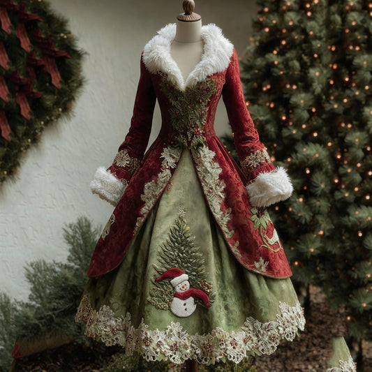 Comstylish Women's Snowman Christmas Tree Embroidery Contrast Fur Collar Dress