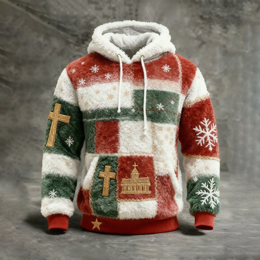 Comstylish Men's Vintage Christmas Cross Print Warm Hoodie