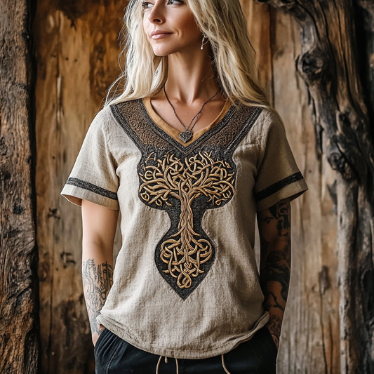 Women's Viking Tree Of Life Celtic Knot Art Linen T-shirt artswardrobe