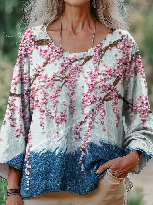 Comstylish Sakura & Mt. Fuji Embroidery Women's Linen Loose Shirt