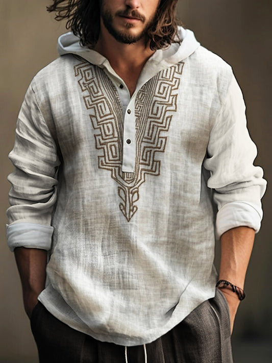 Vintage Greek Geometric Men's Hooded Linen Shirt artswardrobe