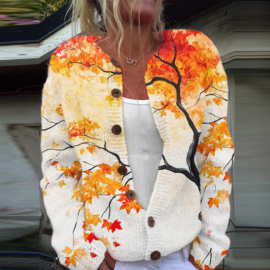 Autumn Maple Leaf Art Print Knitted Cardigan artswardrobe