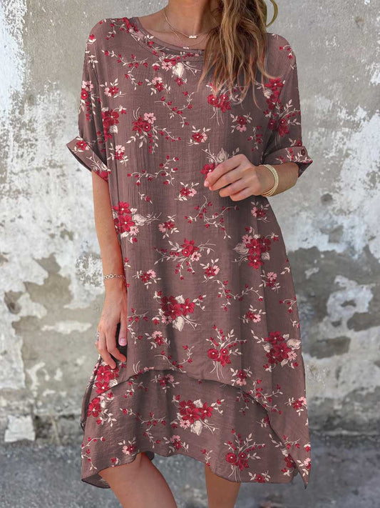Women's Classic Floral Pattern Round Neck Cotton and Linen Dress