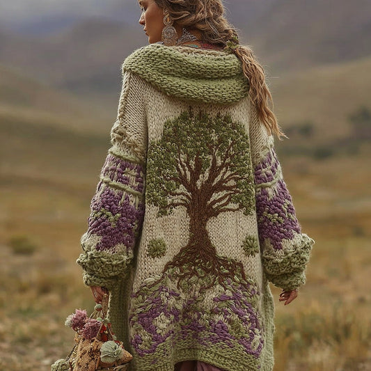 Comstylish Women's Vintage Viking Tree Of Life And Floral Pattern Knitted Cardigan Sweater