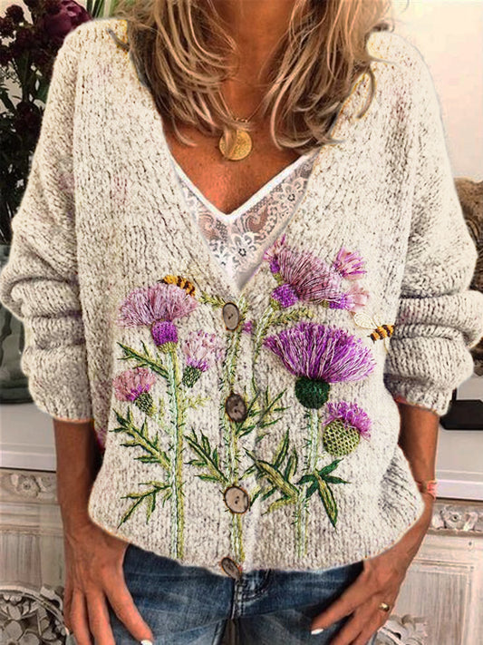 Scottish Thistle Flower & Bee Embroidery Women's V-Neck Cardigan artswardrobe