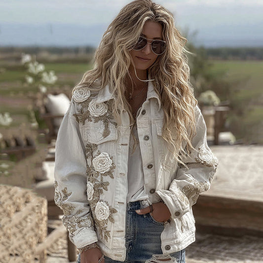 Women's Vintage Floral Embroidered Denim Jacket