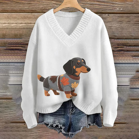 Vintage Dachshund Felt In Gradient Art Inspired Embroidered Cozy Knit Sweater elevenforest