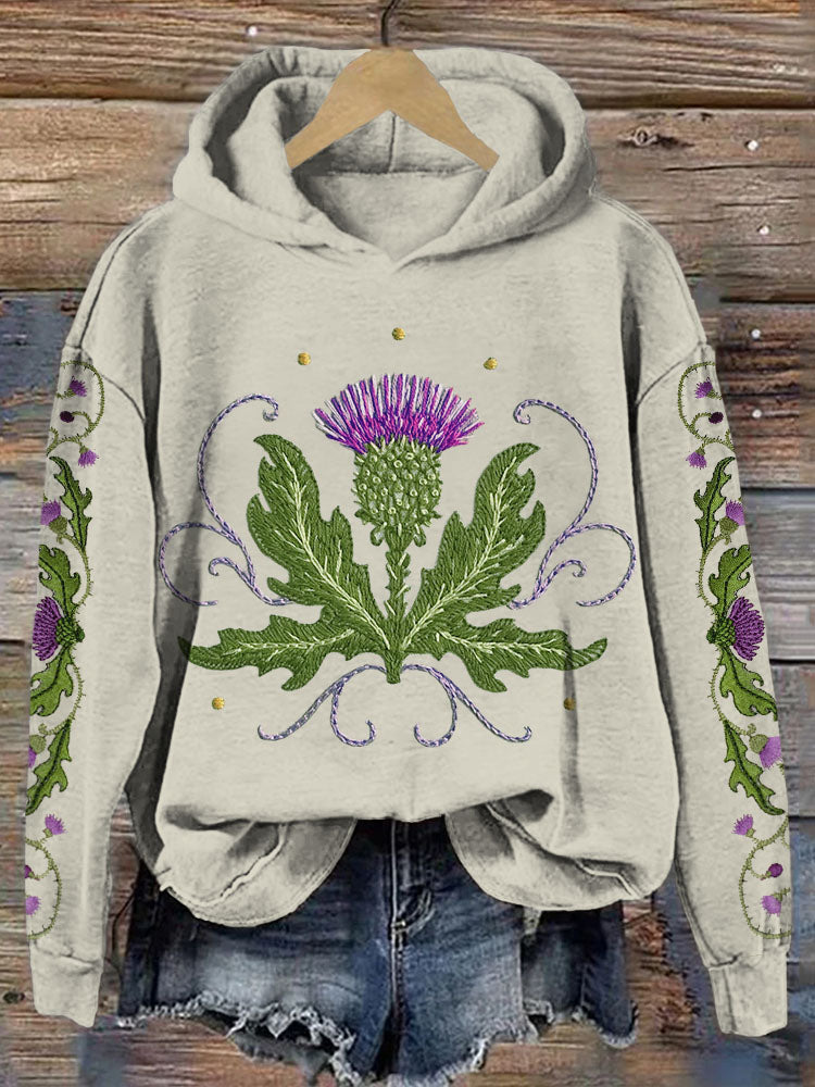 Comstylish Scottish Thistle Embroidered Vintage Cozy Hoodie