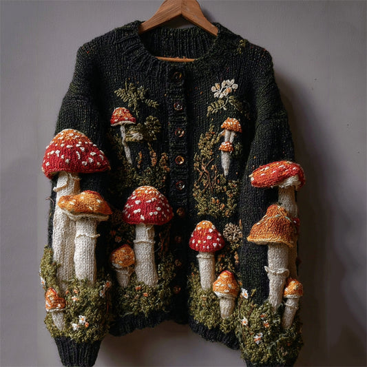 Comstylish Vintage Mushroom Forest Floral Cozy Chunky Cardigan