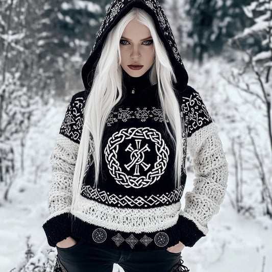 Viking Tribal Celtic Cable Knit Hooded Sweater elevenforest