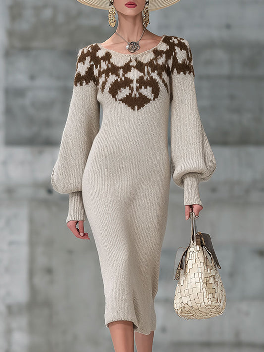 Retro Round Neck Beige And Brown Pattern Knitted Midi Dress