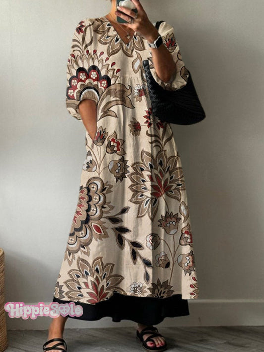 Women's Retro Floral Print Pocket V-neck Cotton Dress