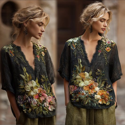 Bohemian Style Three-dimensional Flower Sequin Embroidery Vintage Black V-neck Short Sleeve artswardrobe