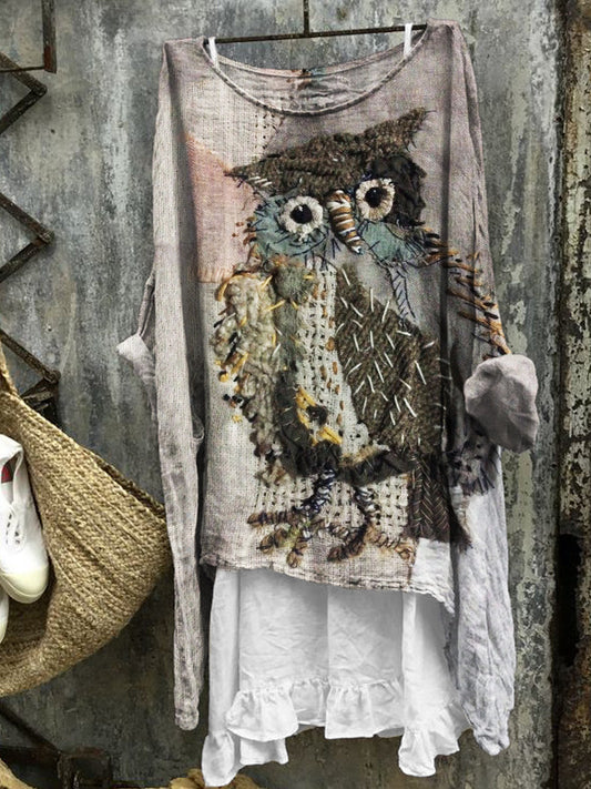Comstylish Vintage Owl Patchwork Fiber Art Linen Blend Tunic