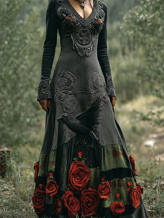 Comstylish Halloween Vintage Rose Raven Dark Art Women's V-neck Maxi Dress