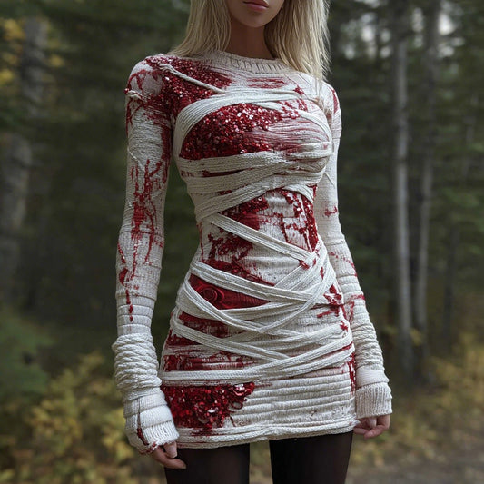 Comstylish Classy Sequins Bloody Bandages Knit Sweater Dress