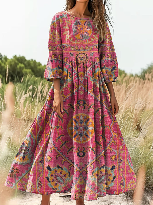 Women's Vintage Floral Totem Art Print Flowy Cotton Crew Neck Dress