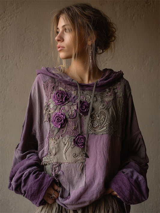 Comstylish Vintage Purple Roses Fiber Art Patchwork Hoodie