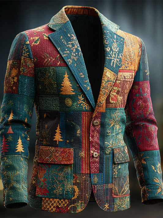 Comstylish Christmas Tree Patchwork Pattern Vintage Men's Corduroy Suit