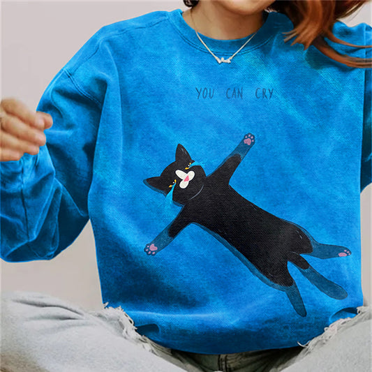 You Can Cry Cat Print Sweatshirt elevenforest